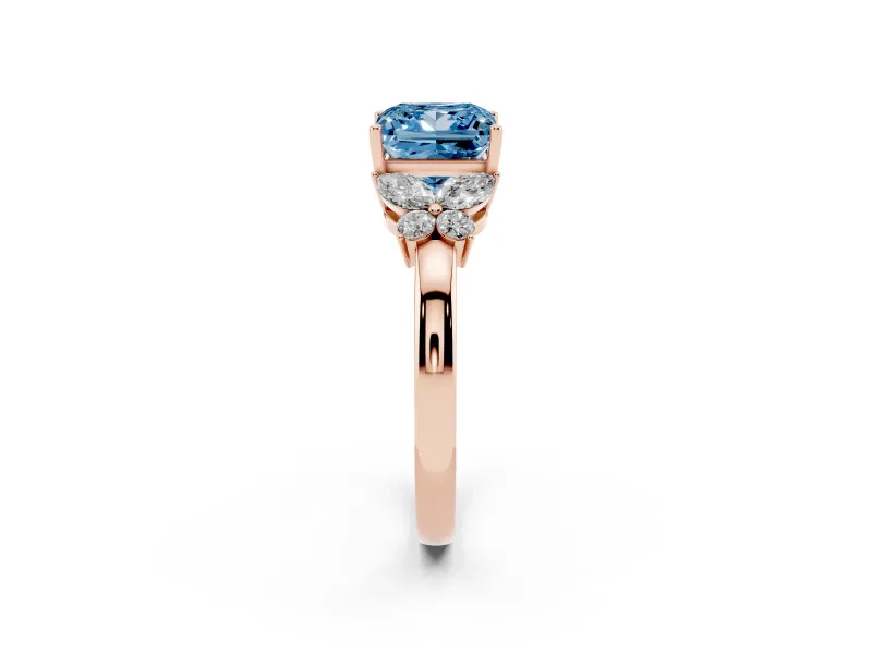 Fancy Blue Princess Cut Diamond Solitaire Floral Ring Set in Rose gold with Marquise Petals and Prong Setting