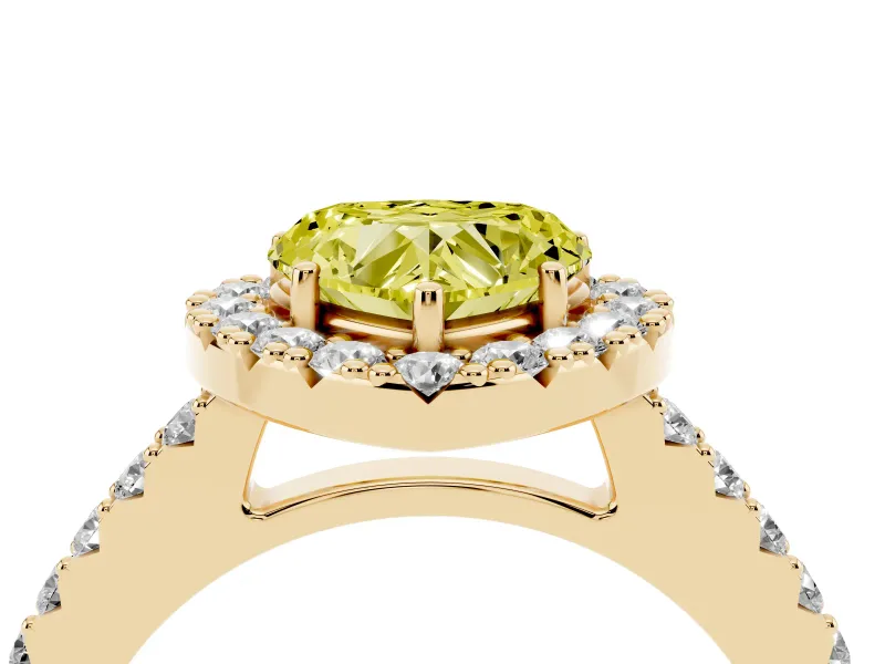 Fancy Yellow Heart Cut Diamond Halo Pavé Solitaire Ring Set in Yellow gold with Prong-Set Center Stone