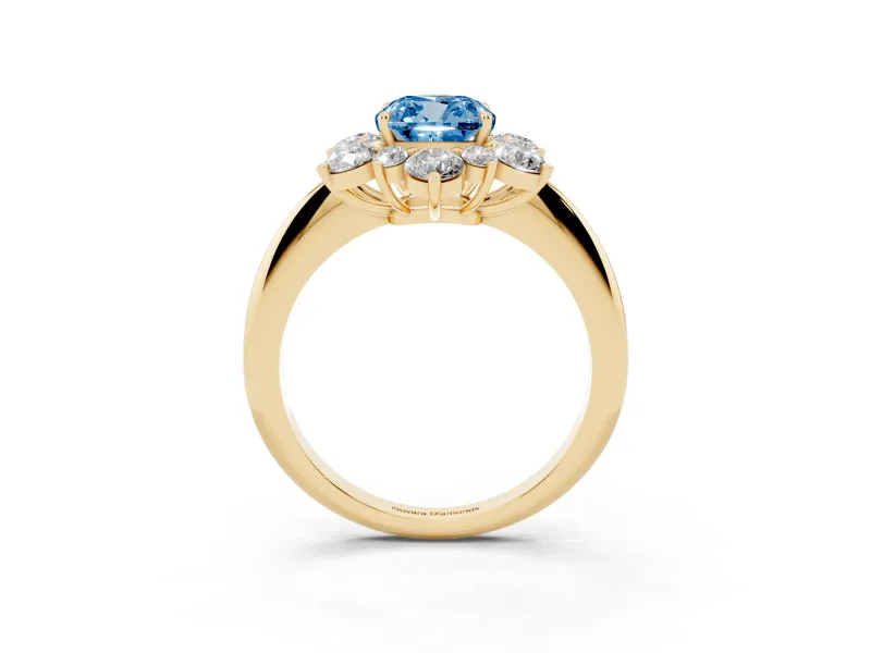 Cushion Cut Cluster Halo Engagement Ring Setting for a Fancy Blue Lab-Grown Diamond | Yellow Gold