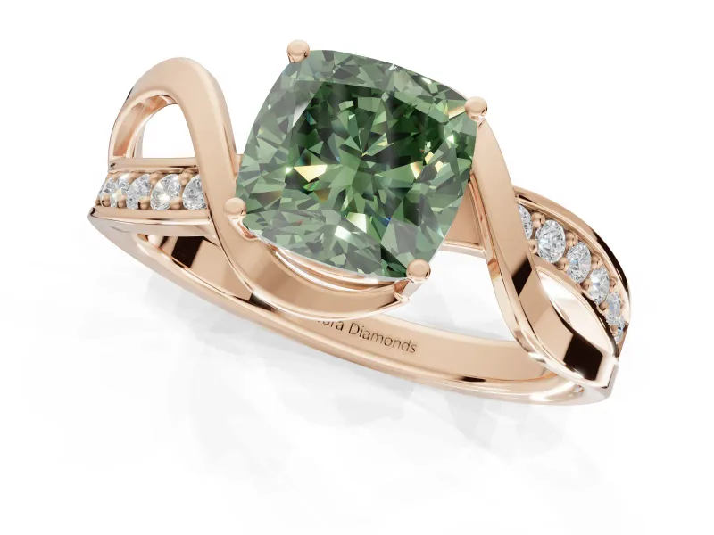 Cushion Cut Bypass Solitaire Engagement Ring Setting for a Fancy Green Lab-Grown Diamond | Pavé Strands | Rose Gold