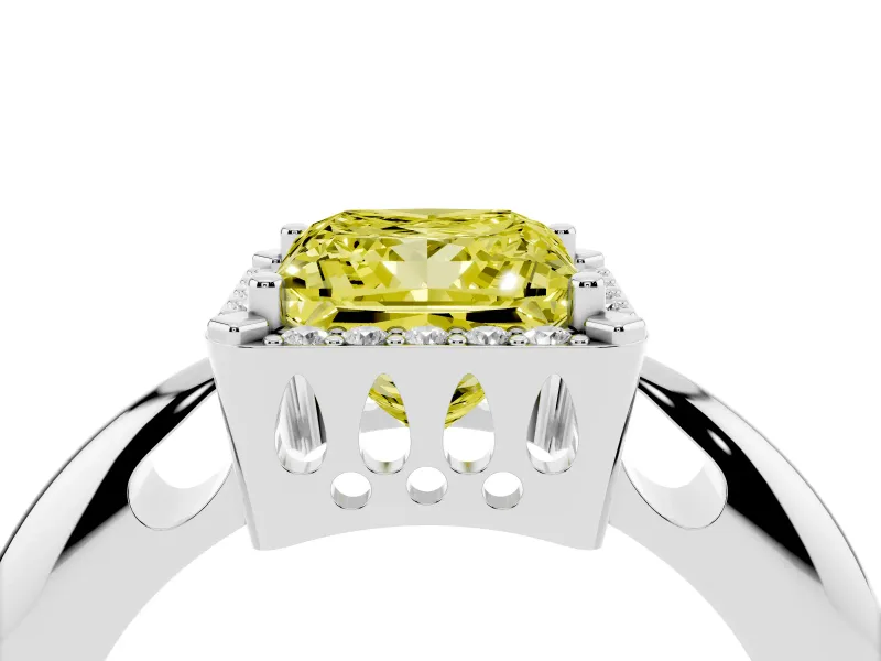Fancy Yellow Princess Cut Diamond Halo Engagement Ring Set in White gold with Plain Split Shank and Prong Setting