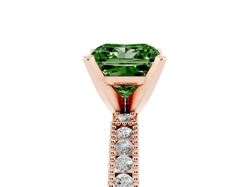 Fancy Green Princess Cut Diamond Solitaire Ring Set in Rose gold with Slim Pavé Band and Prong Setting