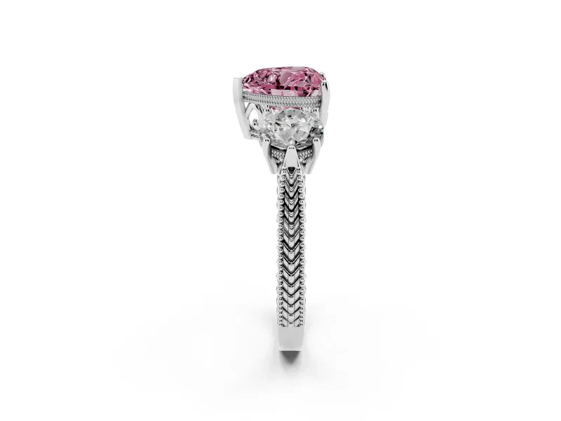 Fancy Pink Heart Cut Diamond Three-Stone Ring Set in White gold with Milgrain Band