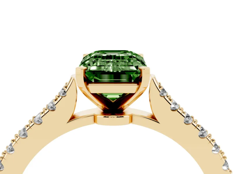 Fancy Green Emerald Cut Diamond Solitaire Engagement Ring Set in Yellow gold with Delicate Pavé Band and Prong Setting