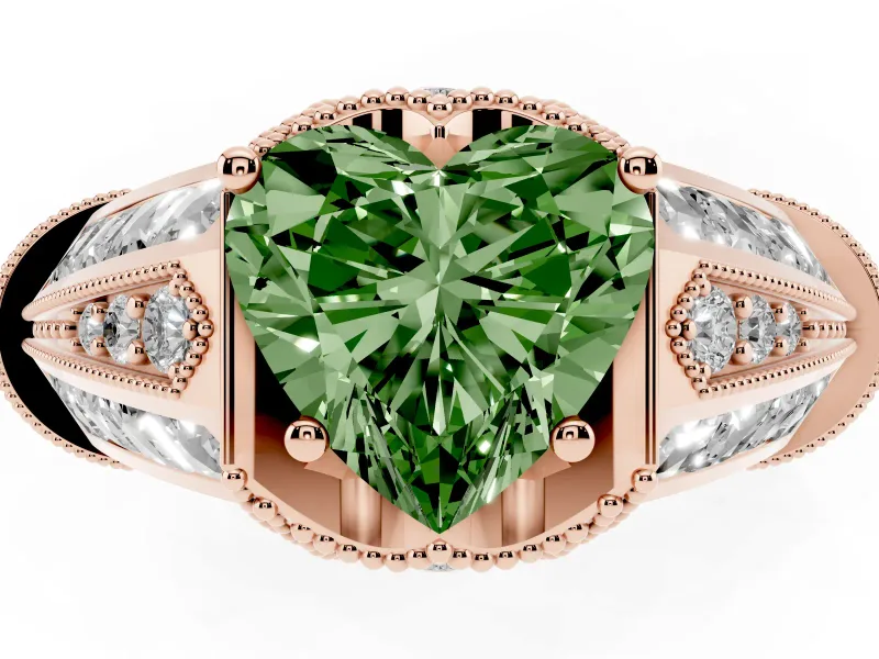 Fancy Green Heart Cut Diamond Vintage-Inspired Milgrain Ring Set in Rose gold with Accent Split Shank