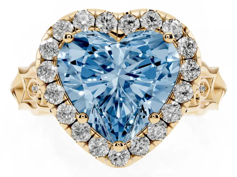 Fancy Blue Heart Cut Diamond Halo Engagement Ring Set in Yellow gold with Filigree Band and Prong-Set Center