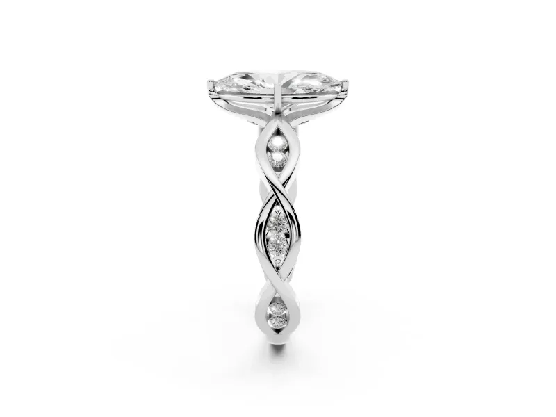 Marquise Cut Diamond Twist Band Solitaire Ring Set in Silver with Leaf Prong Setting and Accent Stones