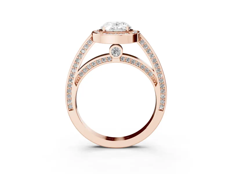 Oval Cut Diamond Halo Pavé Split Shank Ring Set in Rose gold with Prong Setting