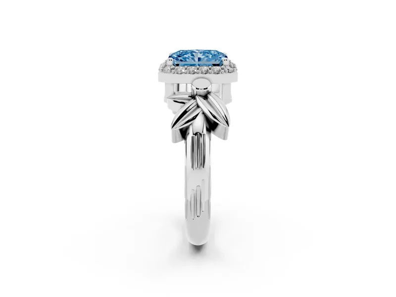 Radiant Cut Floral Halo Engagement Ring Setting for a Fancy Blue Lab-Grown Diamond | Platinum