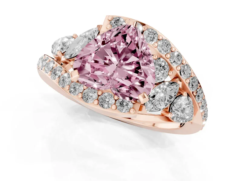 Fancy Pink Heart Cut Diamond Halo Ring Set in Rose gold with Marquise and Pavé Band in Prong Setting