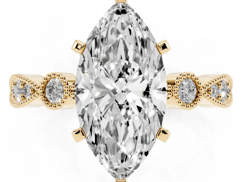 Marquise Cut Diamond Solitaire Engagement Ring Set in Yellow gold with Milgrain Bezel Accent Band