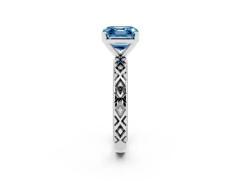 Fancy Blue Asscher Cut Diamond Solitaire Ring Set in Silver with Milgrain and Black Enamel X Pattern Band