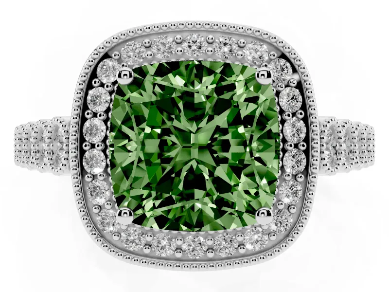 Cushion Cut Graduated Milgrain Halo Engagement Ring Setting for a Fancy Green Lab-Grown Diamond | Platinum