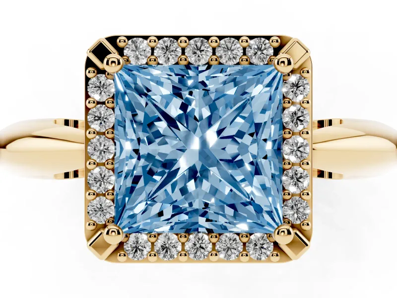 Fancy Blue Princess Cut Diamond Halo Engagement Ring Set in Yellow gold with Plain Split Shank and Prong Setting