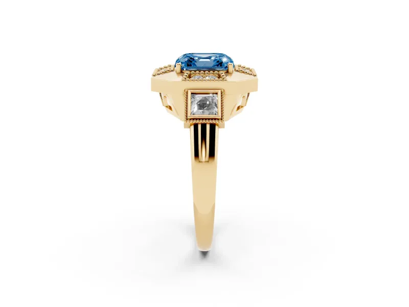 Asscher Cut Milgrain Sectioned Halo Engagement Ring Setting for a Fancy Blue Lab-Grown Diamond | Yellow Gold
