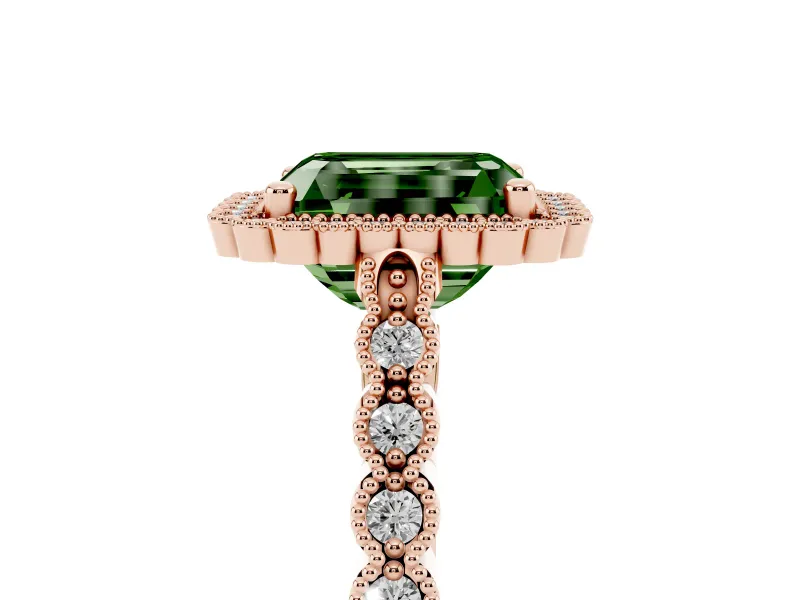 Radiant Cut Milgrain Halo Engagement Ring Setting for a Fancy Green Lab-Grown Diamond | Beaded Shoulders | Rose Gold