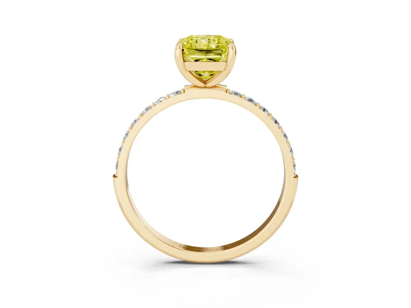 Fancy Yellow Radiant Cut Diamond Solitaire Ring Set in Yellow gold with Round Pavé Band and Prong Setting