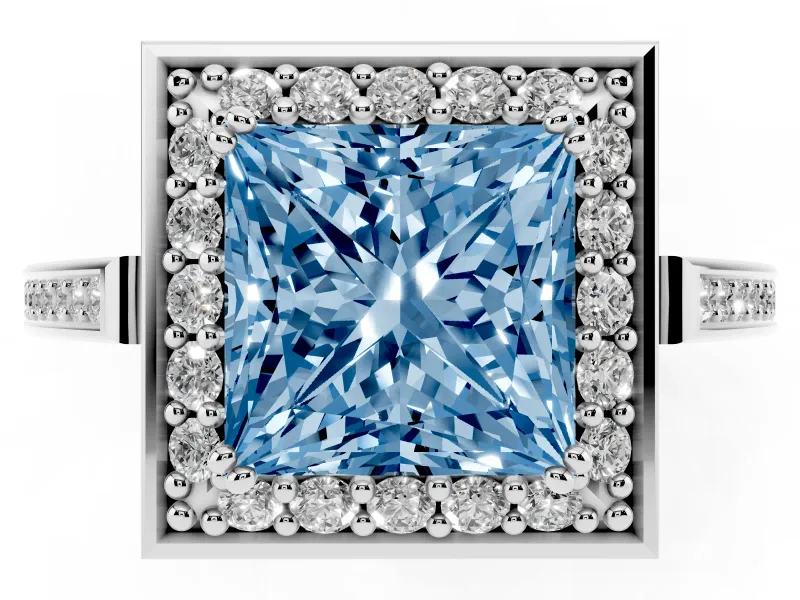 Princess Cut Halo Engagement Ring Setting for a Fancy Blue Lab-Grown Diamond | Polished Halo Rim | Sterling Silver