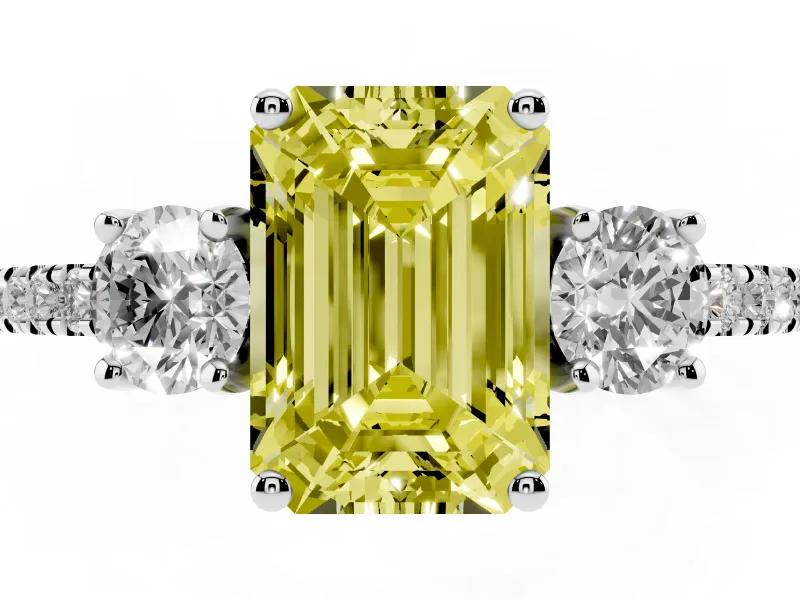 Emerald Cut Three Stone Engagement Ring Setting for a Fancy Yellow Lab-Grown Diamond | Pave Shoulders | Sterling Silver