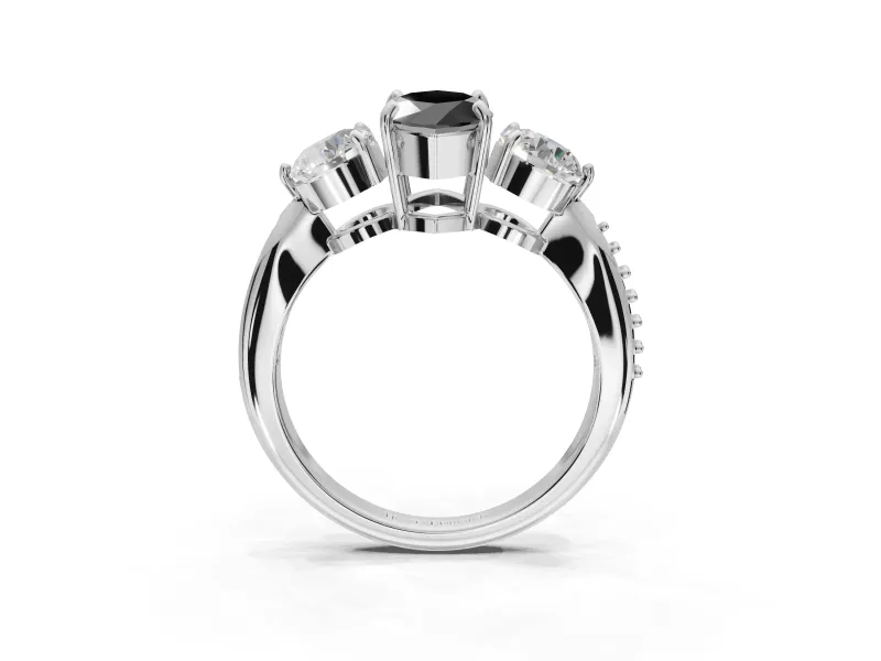 Fancy Black Marquise Lab-Grown Diamond Three-Stone Ring Set in Sterling Silver with Channel-Set Band and Prong Setting