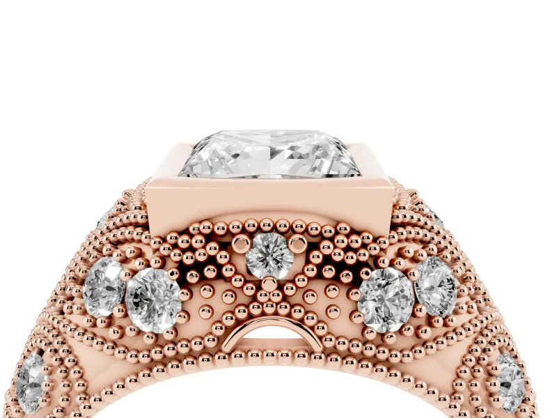 Princess Cut Diamond Bezel Ring Set in Rose gold with Milgrain Accent Band