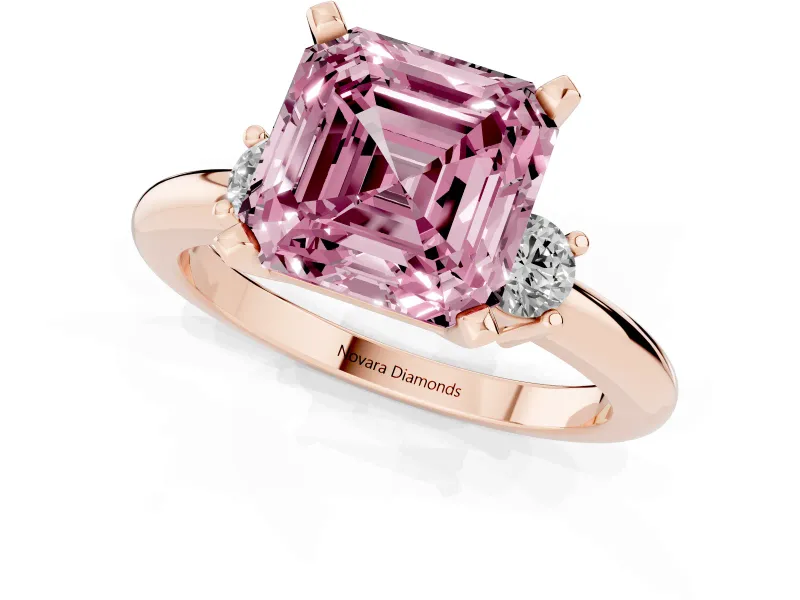 Fancy Pink Three-Stone Asscher Cut Diamond Ring Set in Rose gold with Prong Setting and Plain Band