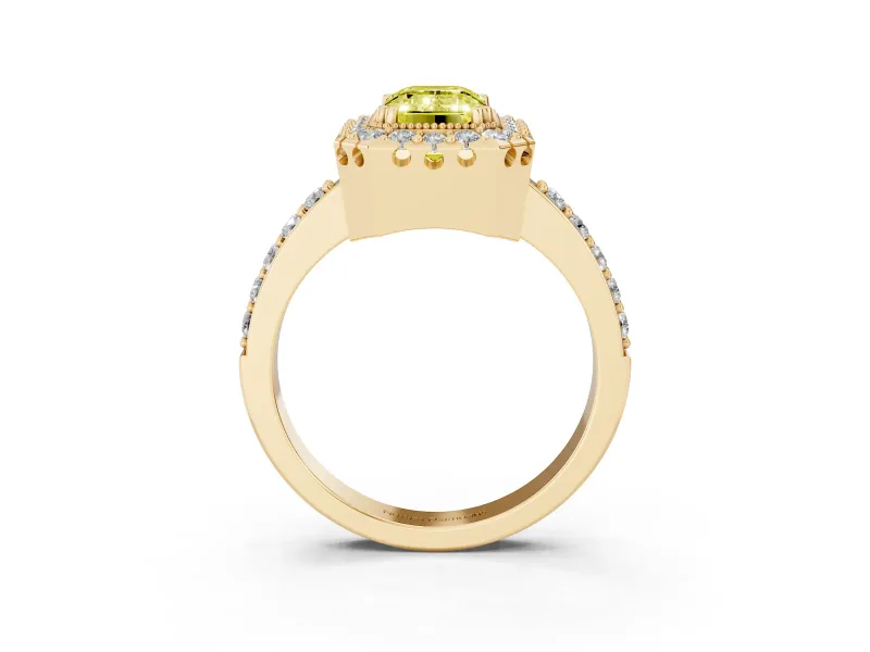 Emerald Cut Milgrain Halo Engagement Ring Setting for a Fancy Yellow Lab-Grown Diamond | Pavé Shoulders | Yellow Gold