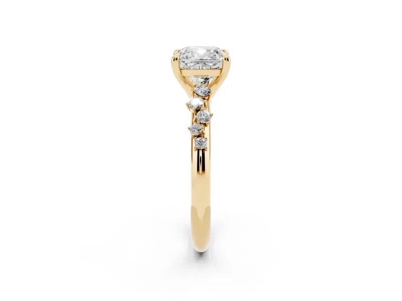 Cushion Cut Graduated Accent Engagement Ring Setting | Scattered Shoulders | Yellow Gold