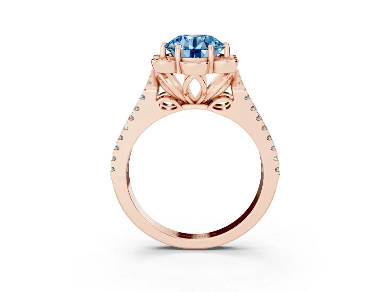 Round Petal Frame Floral Halo Engagement Ring Setting for a Fancy Blue Lab-Grown Diamond | Pavé Split Shank | Rose Gold