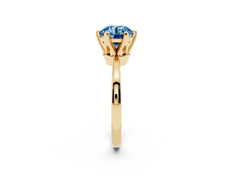 Fancy Blue Round Cut Diamond Solitaire Engagement Ring Set in Yellow gold with Slim Tapered Solitaire Band