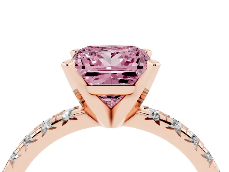 Fancy Pink Princess Cut Diamond Solitaire Pavé Engagement Ring Set in Rose gold with Round Band and Prong Setting