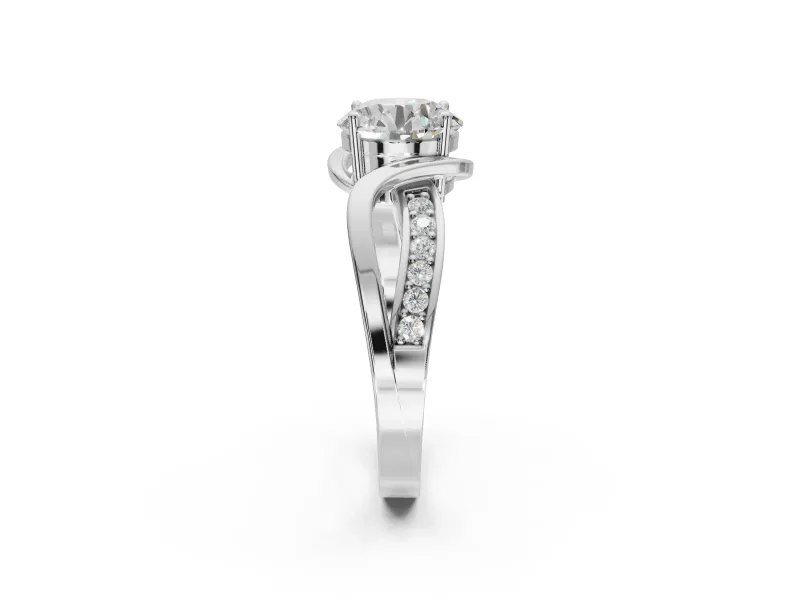 Round Bypass Solitaire Engagement Ring Setting | Pavé and Plain Strands | White Gold
