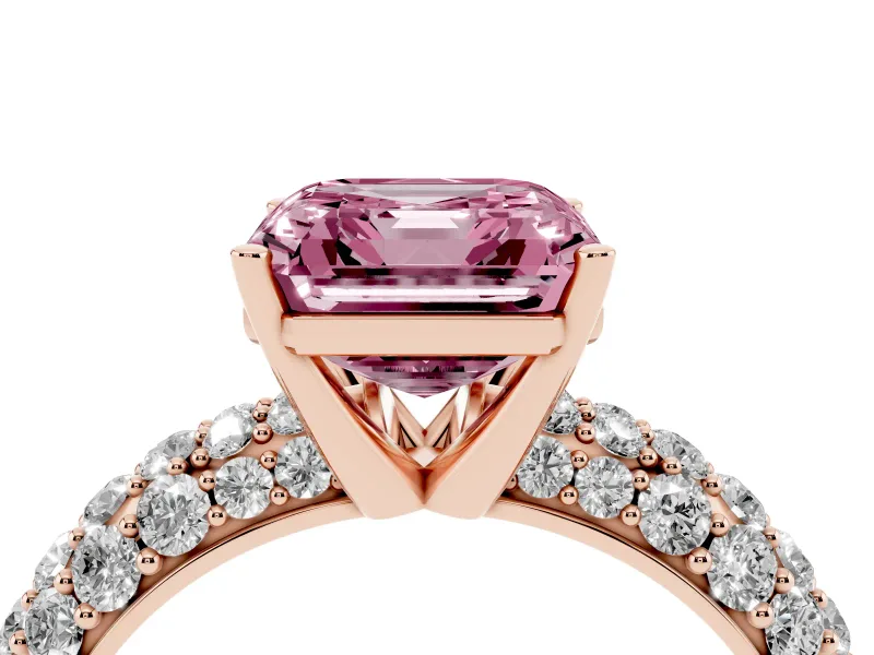 Asscher Cut Multi Row Pave Engagement Ring Setting for a Fancy Pink Lab-Grown Diamond | Rose Gold