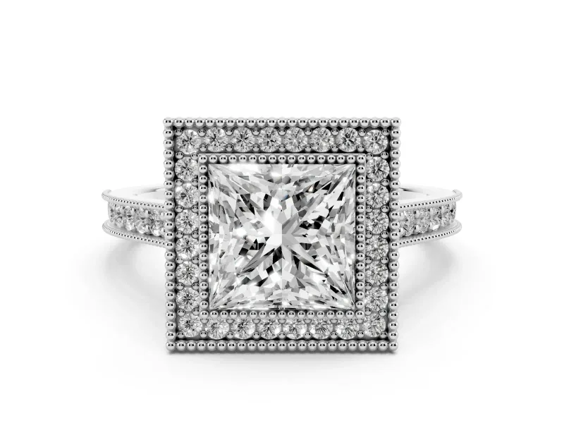 Princess Cut Diamond Halo Milgrain Pavé Band Ring Set in Platinum with Prong Setting