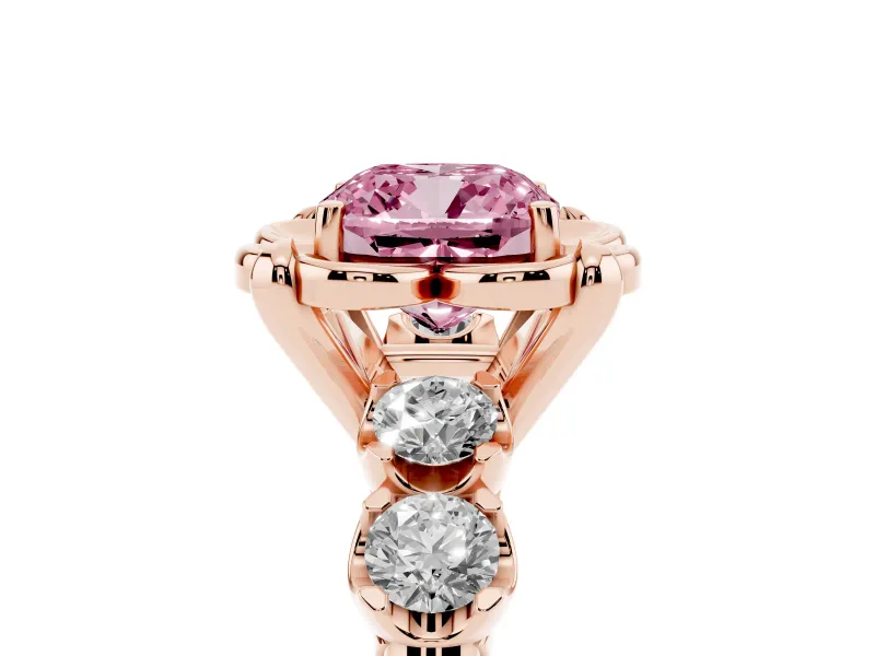 Cushion Cut Floral Engagement Ring Setting for a Fancy Pink Lab-Grown Diamond | Petal Frame and Side Stones | Rose Gold