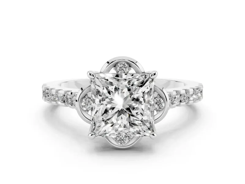 Princess Cut Diamond Solitaire Ring Set in Platinum with Pavé Band and Floral Prong Setting