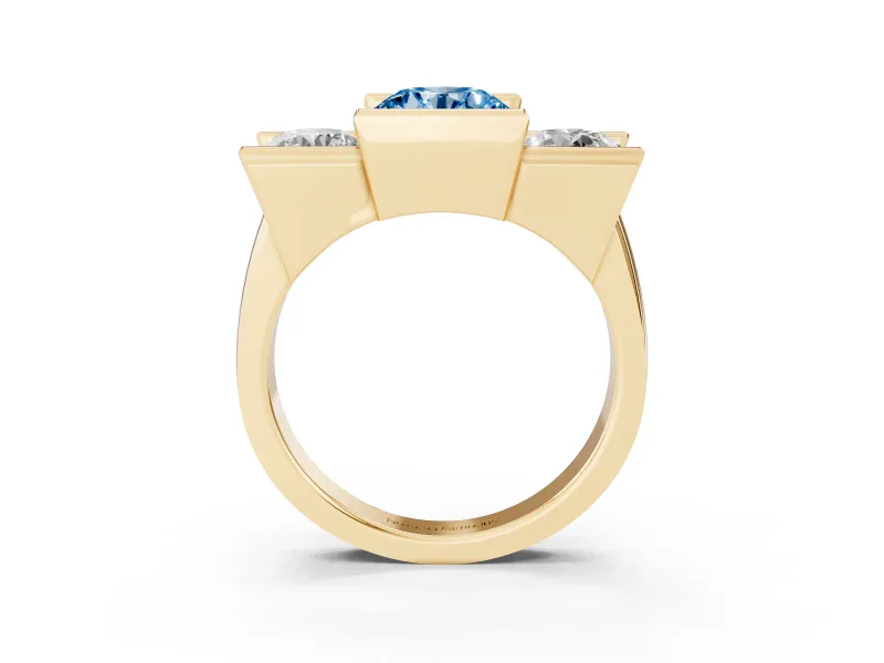 Round Channel-Set Three Stone Engagement Ring Setting for a Fancy Blue Lab-Grown Diamond | Wide Flat Band | Yellow Gold