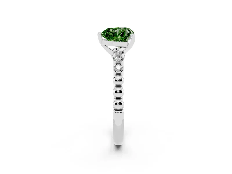 Fancy Green Heart Cut Diamond Solitaire Engagement Ring Set in White gold with Bezel Accents on Beaded Band