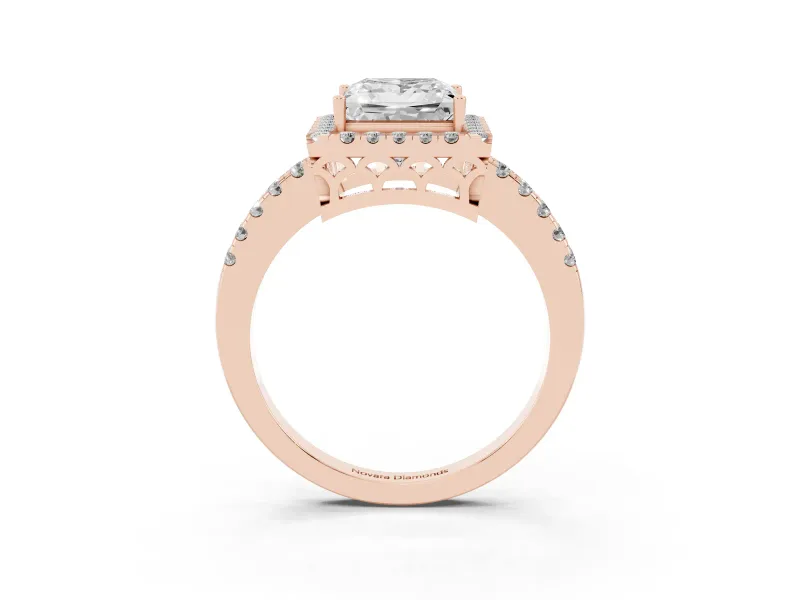 Princess Cut Halo Engagement Ring Setting | Shared Prong Pavé Band | Rose Gold