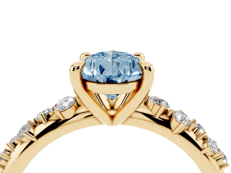 Fancy Blue Pear Cut Diamond Solitaire Vine Band Ring Set in Yellow gold with Round Accents and Prong Setting