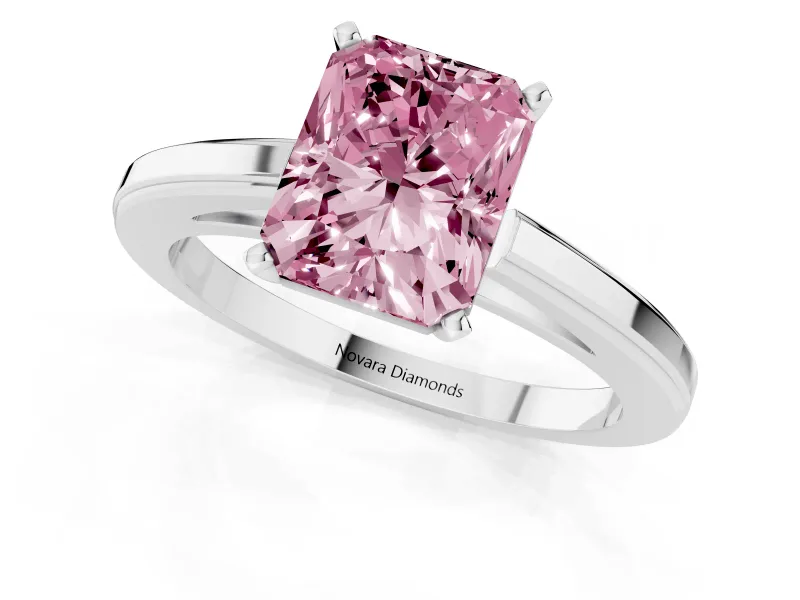 Fancy Pink Radiant Cut Diamond Solitaire Ring Set in Platinum with Prong Setting and Classic Band
