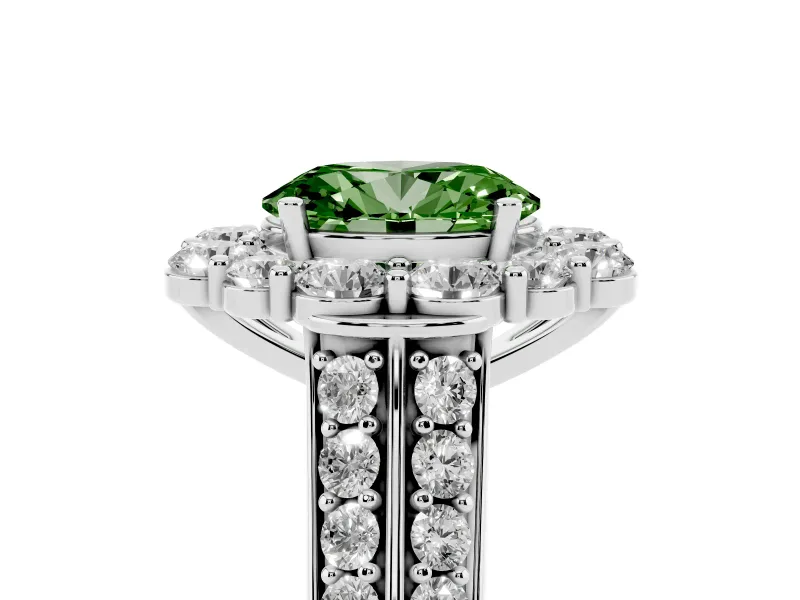 Fancy Green Oval Cut Diamond Halo Engagement Ring Set in Platinum with Split Shank and Prong Setting