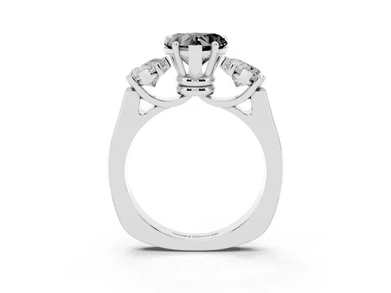Heart-Shaped Three Stone Engagement Ring Setting for a Black Center | Plain Band | Sterling Silver