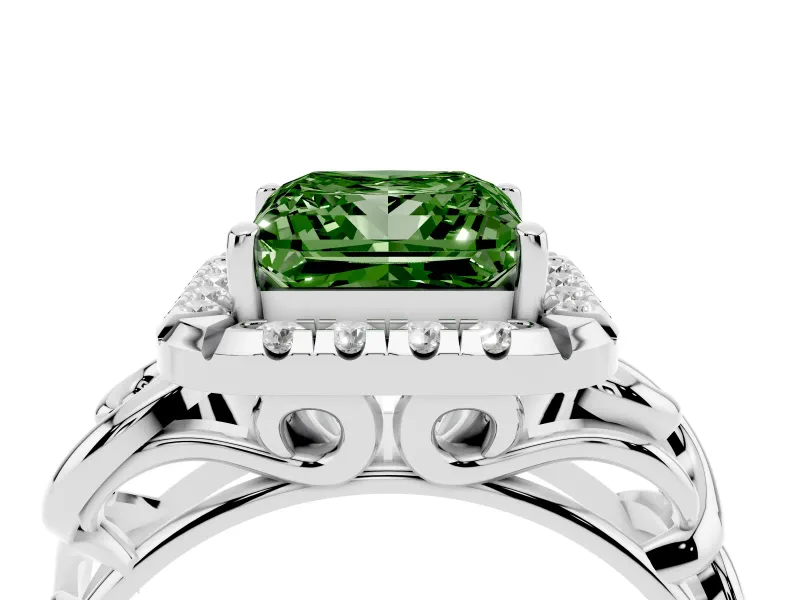 Fancy Green Princess Cut Diamond Halo Ring Set in White gold with Scrollwork Band and Prong Setting