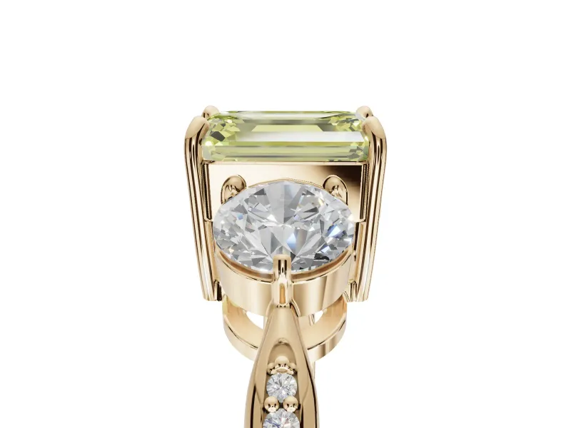Emerald Cut Three Stone Engagement Ring Setting for a Fancy Yellow Lab-Grown Diamond | Tapered Pave Band | Yellow Gold