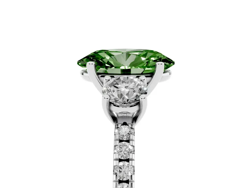 Oval Three Stone Engagement Ring Setting for a Fancy Green Lab-Grown Diamond | Pave Shoulders | Platinum