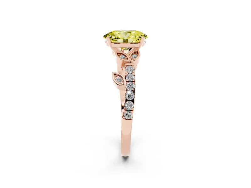 Fancy Yellow Oval Cut Diamond Solitaire Leaf-Inspired Ring Set in Rose gold with Pavé Band and Prong Setting