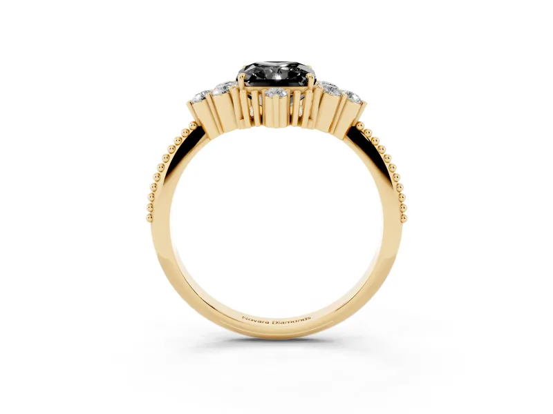 Fancy Black Radiant Cut Diamond Cluster Ring Set in Yellow gold with Beaded Band