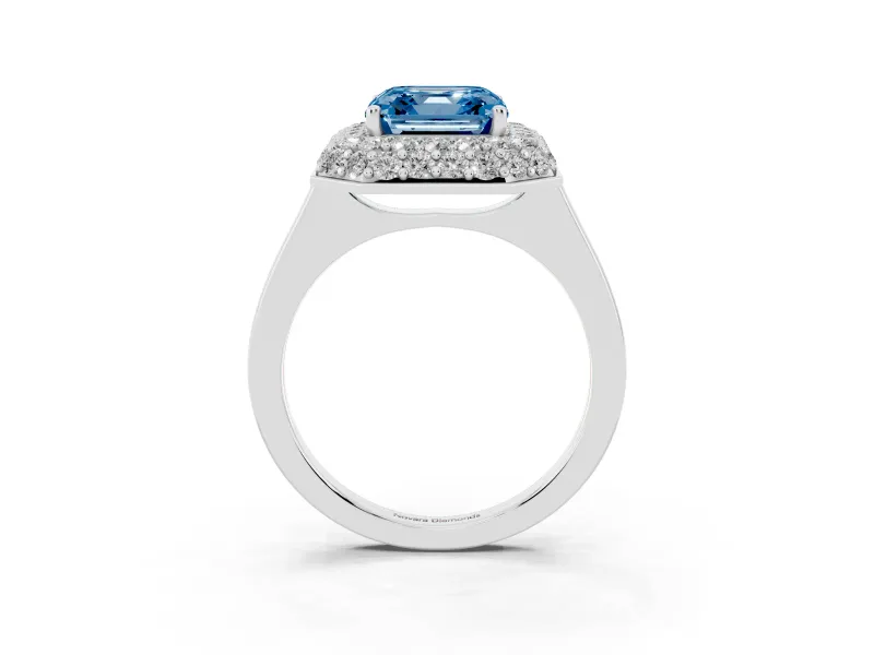 Fancy Blue Asscher Cut Diamond Halo Engagement Ring Set in Platinum with Solitaire Band and Prong Setting