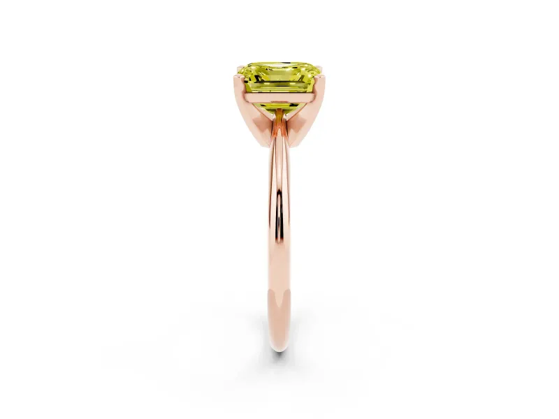 Fancy Yellow Asscher Cut Diamond Solitaire Ring Set in Rose gold with Prong Setting on a Plain Round Band